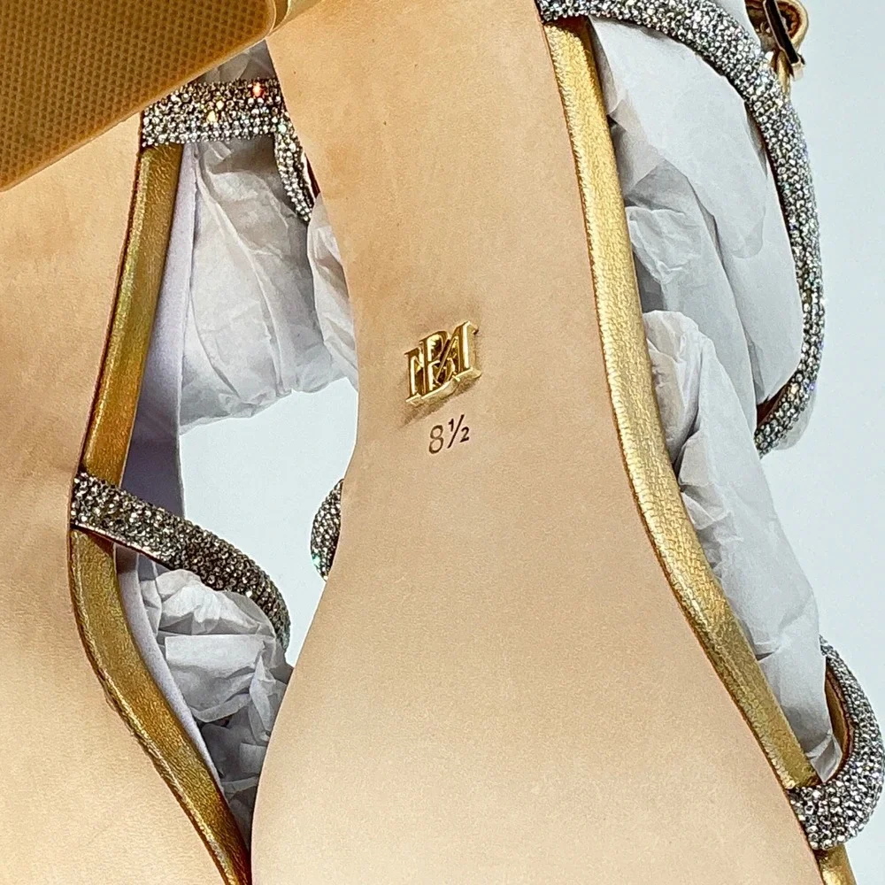 Badgley Mischka Silver Crystal-Strap Gold Block Heel Sandals